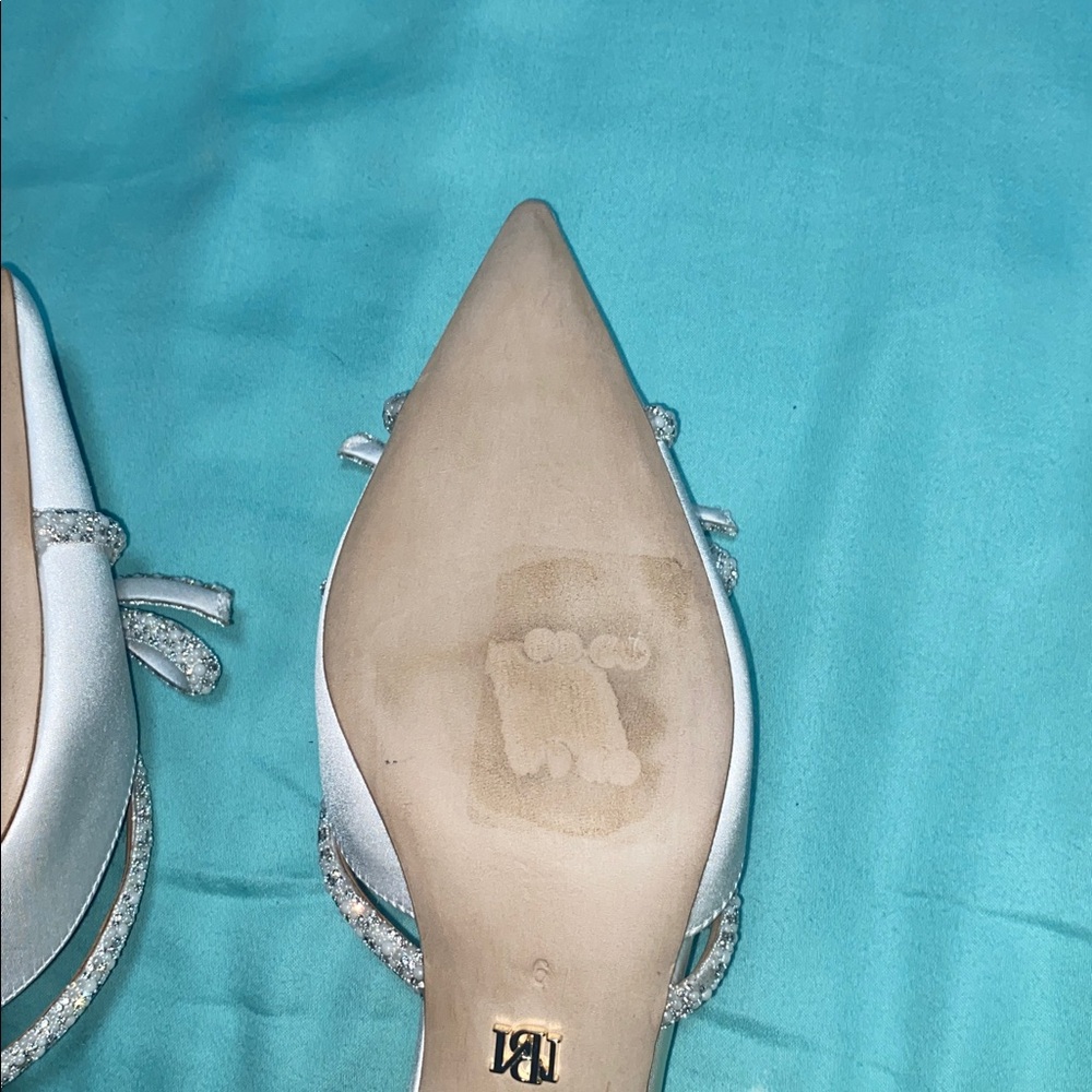 Badgley Mischka White Satin Pointed Toe Slingback Heels with Crystal Bow Accent - Picture 12 of 13
